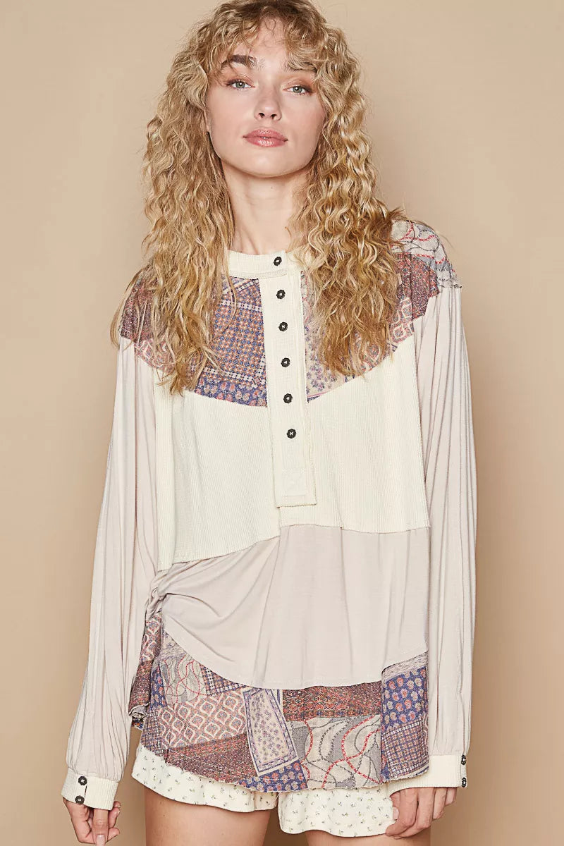POL Half Button Balloon Sleeve Top with Printed Knit Contrast on Simply Obsessed