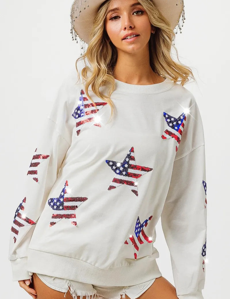 BIBI American Flag Sequin Star Sweatshirt on Simply Obsessed
