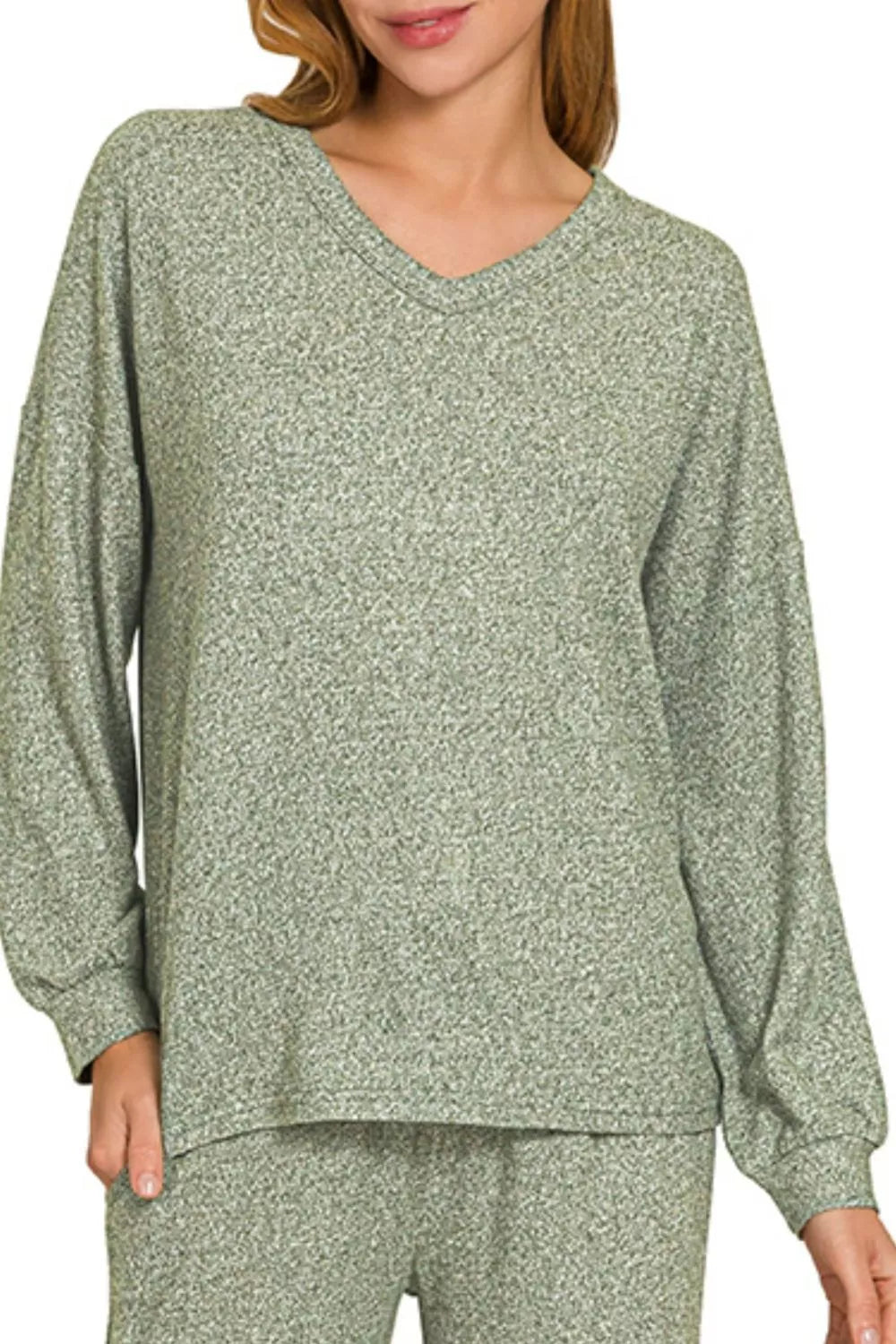 ZENANA Soft Melange Long Sleeve Tee & Pants Set on Simply Obsessed