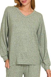ZENANA Soft Melange Long Sleeve Tee & Pants Set on Simply Obsessed