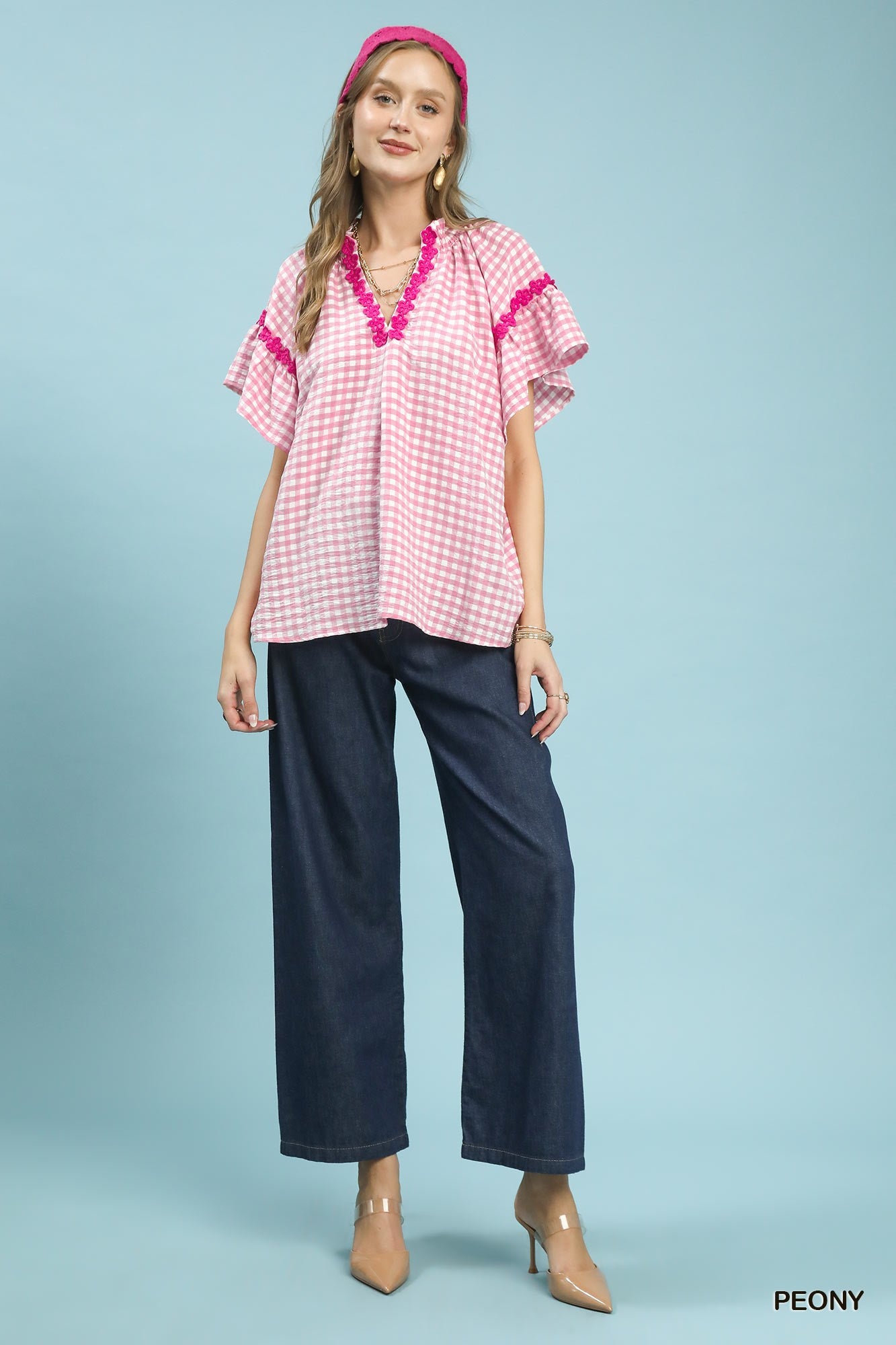 UMGEE Gingham Lace Trim Top on Simply Obsessed
