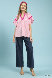 UMGEE Gingham Lace Trim Top on Simply Obsessed