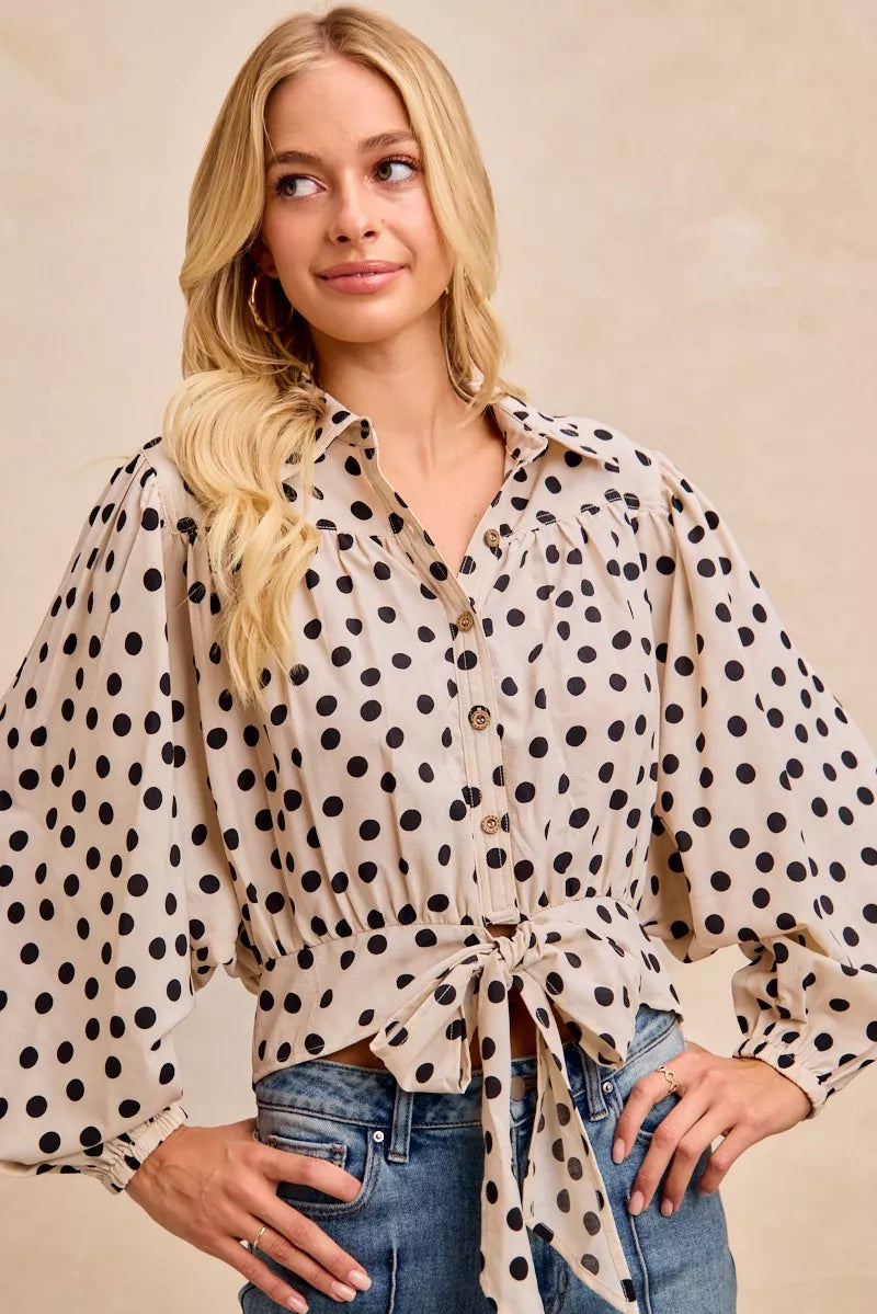 BIBI Polka Dot Print Tie Hem Detail Crop Shirt on Simply Obsessed