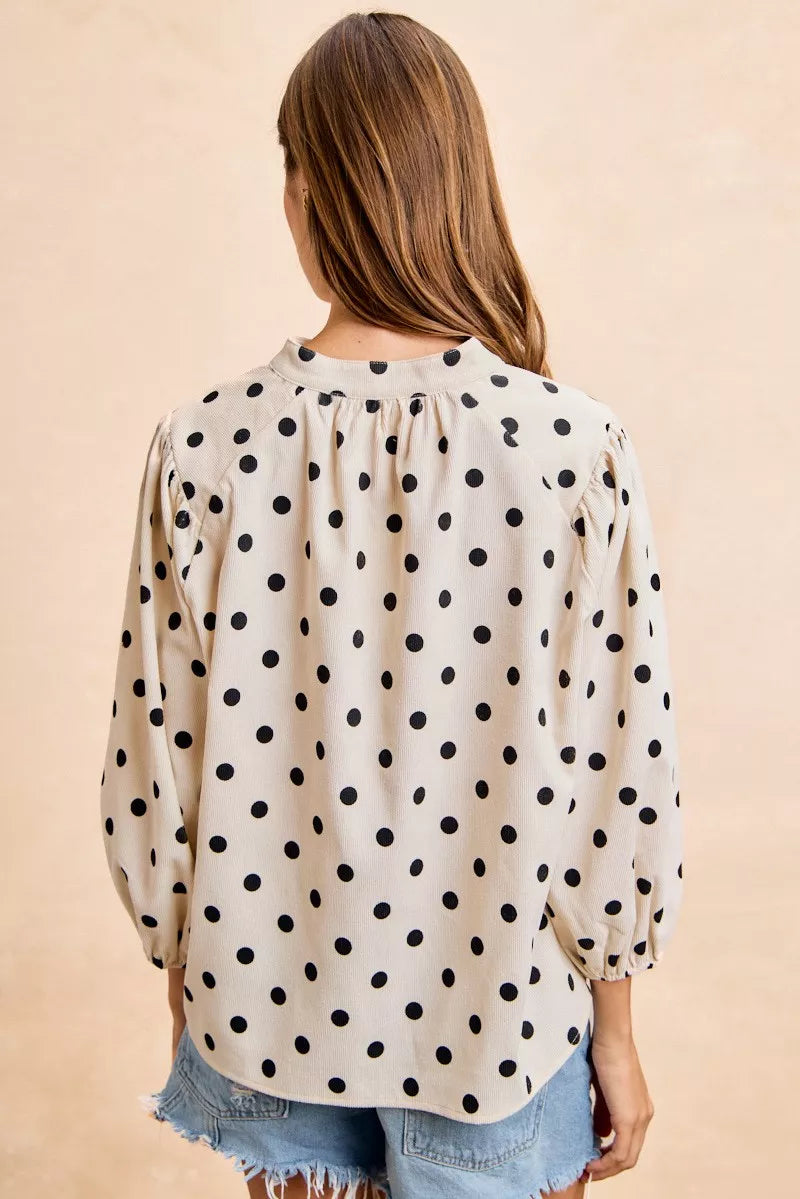 BIBI Polka Dot Corduroy Quarter Sleeves V Neck Blouse on Simply Obsessed