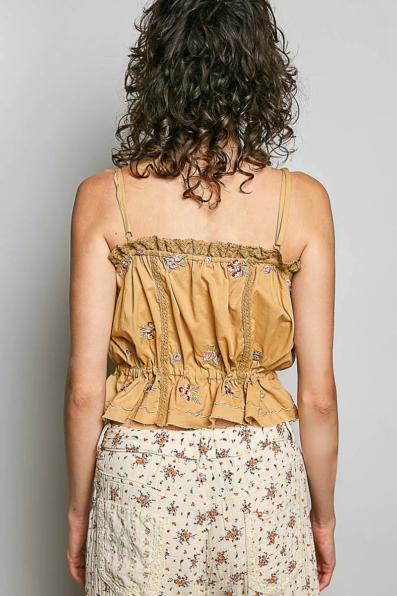POL Button Down Floral Embroidered Cropped Cami with Lace Detail on Simply Obsessed