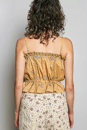 POL Button Down Floral Embroidered Cropped Cami with Lace Detail on Simply Obsessed