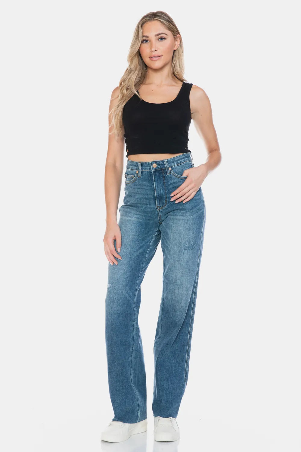 JUDY BLUE Full Size Tummy Control Cut Raw Hem Straight Jeans on Simply Obsessed