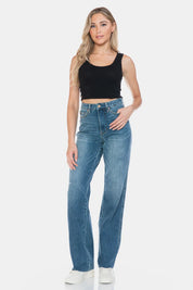 JUDY BLUE Full Size Tummy Control Cut Raw Hem Straight Jeans on Simply Obsessed