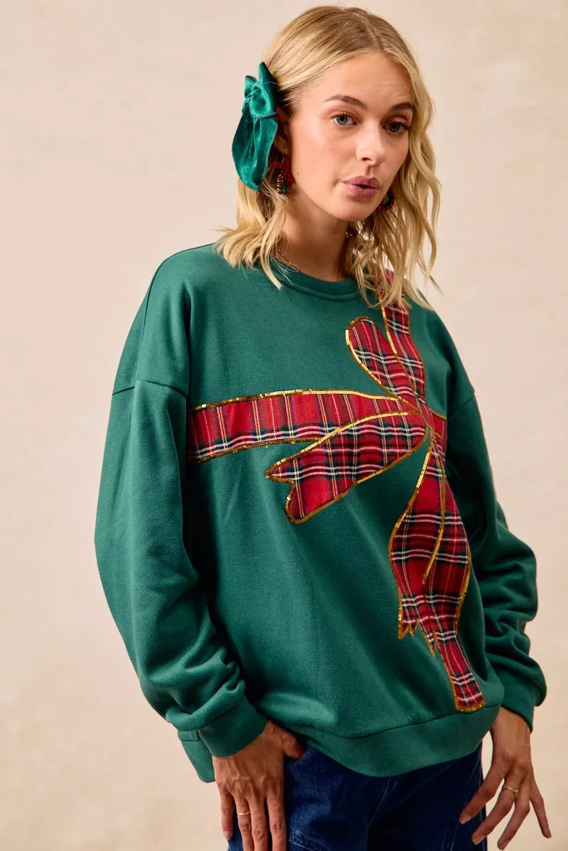 BIBI Plaid Ribbon Bow Detail Christmas Fleece Pullover on Simply Obsessed