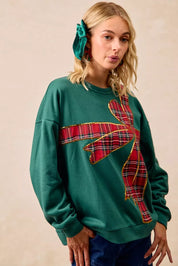 BIBI Plaid Ribbon Bow Detail Christmas Fleece Pullover on Simply Obsessed