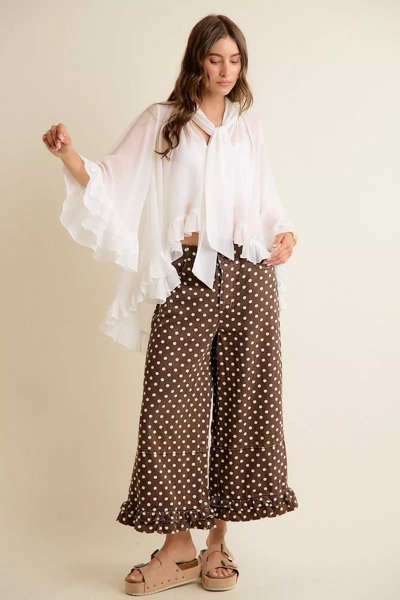 SO ME Sheer Ruffle Bell Sleeves Bow Tie Flowy Blouse Top on Simply Obsessed