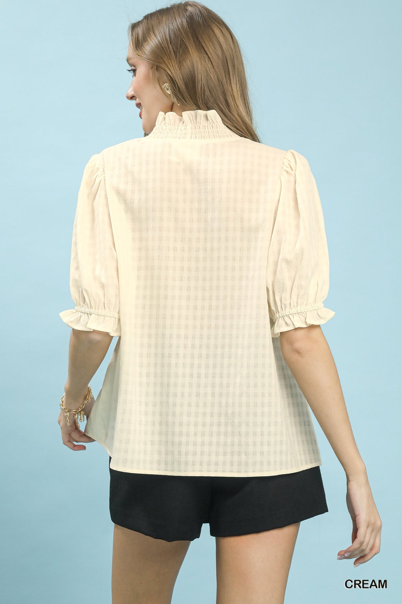 UMGEE Textured Check Ruffle V-Neck Blouse **DEBUT SALE** on Simply Obsessed