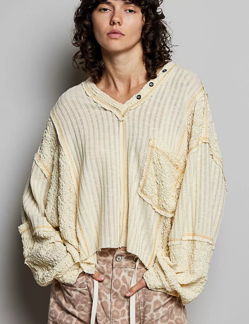 POL V-Neck Long Sleeve Top with Stitch Detail on Simply Obsessed