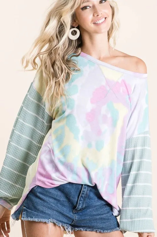 BIBI Tie Dye Terry Top with Wide Stripe Thermal Waffle **LA DEAL** on Simply Obsessed