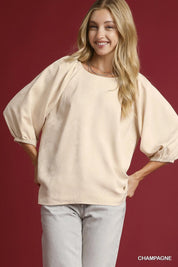 Umgee Satin Jacquard Balloon Sleeve Blouse on Simply Obsessed