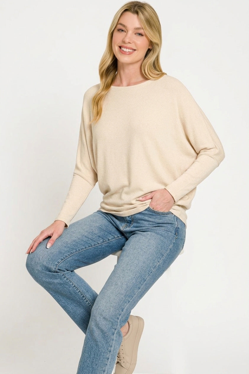 ZENANA Hacci Dolman Sleeve Boat Neck Top on Simply Obsessed