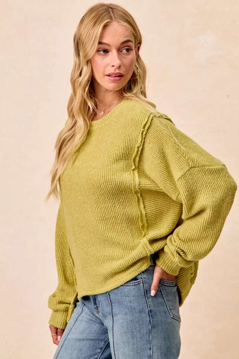 BIBI Boucle Rib Knit Uneven Hem Sweater With Open Seam on Simply Obsessed