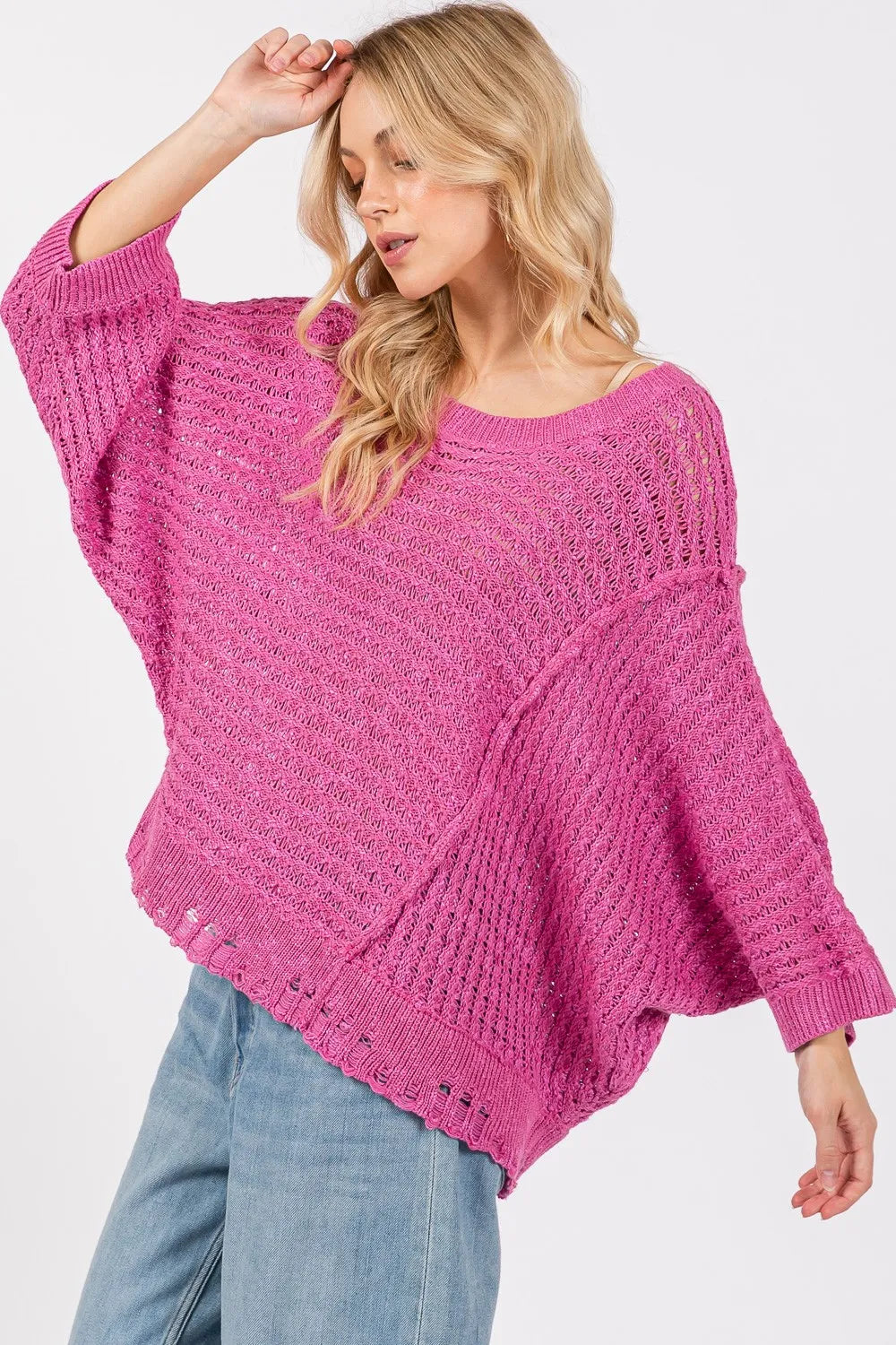 SAGE + FIG Distressed Asymmetrical Open Stitch Sweater on Simply Obsessed