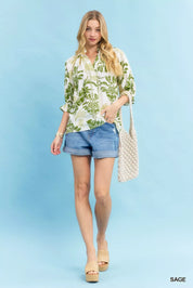 UMGEE Leafy Damask Print Blouse with Contrast Scalloped Trim Detail on Simply Obsessed