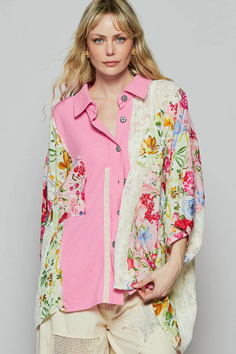 POL Thermal and Crochet Lace Mix Shirt with Floral Pattern on Simply Obsessed