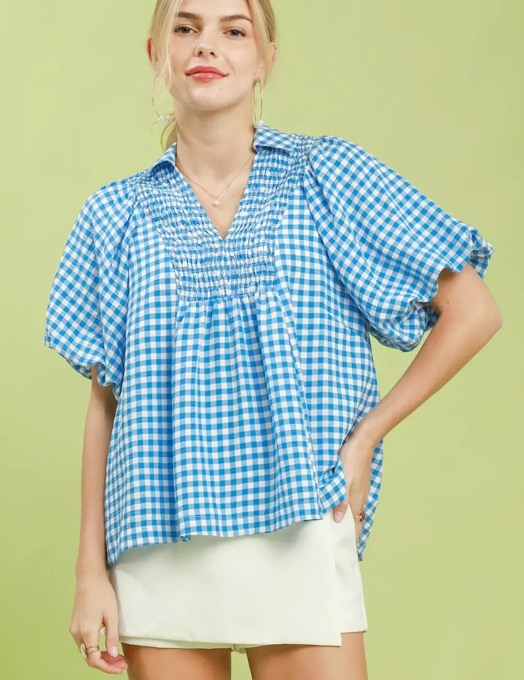 UMGEE Smocked Yoke Puff Sleeve Gingham Blouse on Simply Obsessed