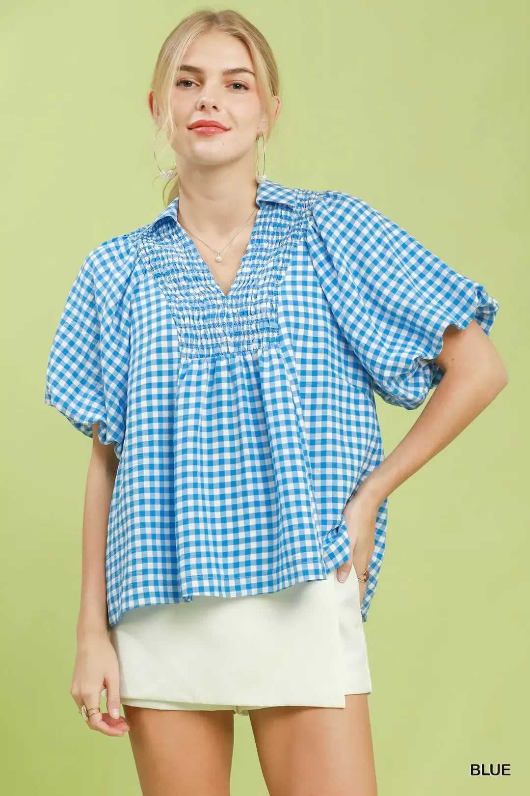 UMGEE Smocked Yoke Puff Sleeve Gingham Blouse on Simply Obsessed