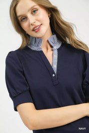 UMGEE Striped Collar Popover Top on Simply Obsessed
