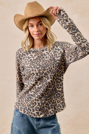 BIBI Leopard Print Washed Waffle Thermal Top with Thumb on Simply Obsessed