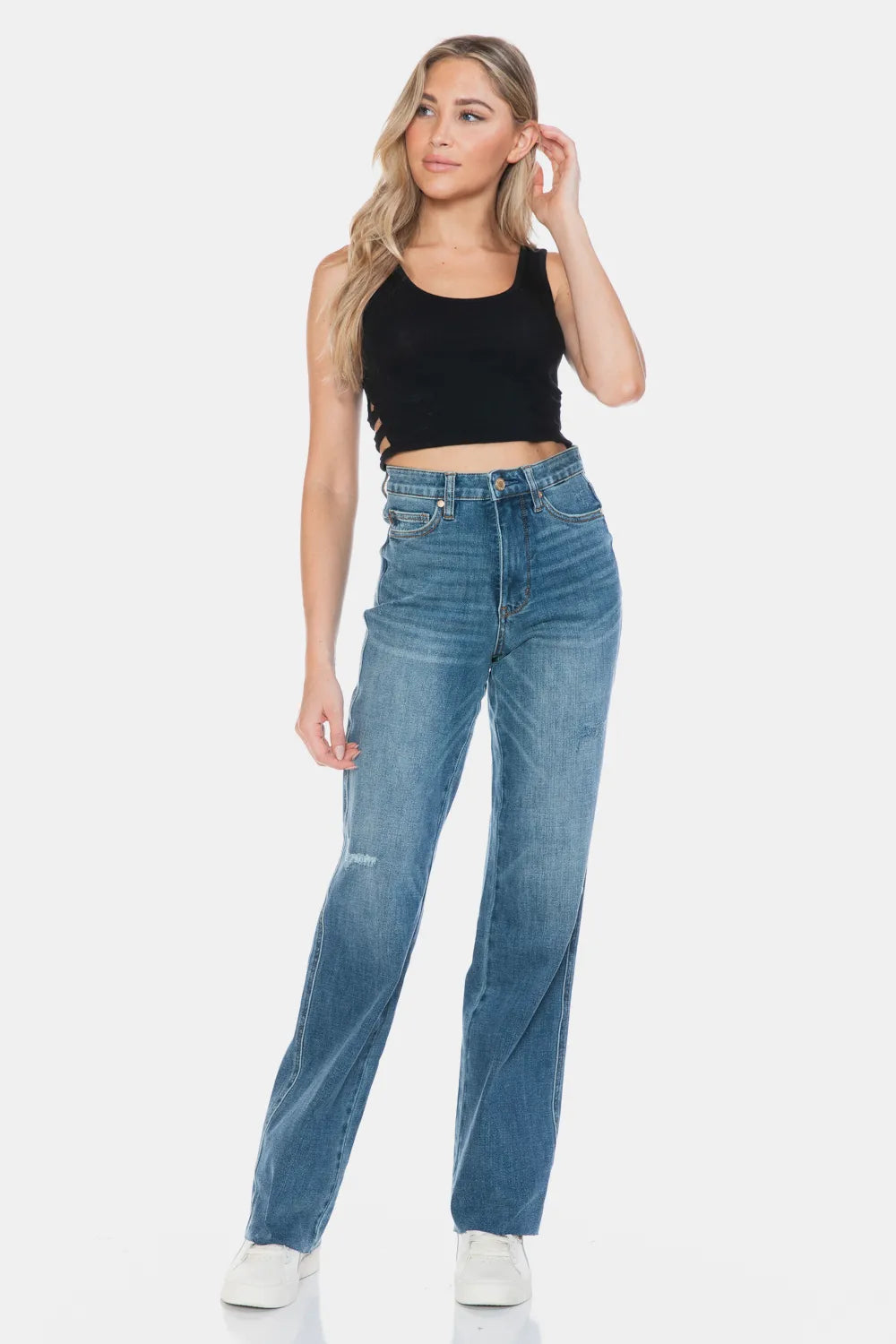 JUDY BLUE Full Size Tummy Control Cut Raw Hem Straight Jeans on Simply Obsessed