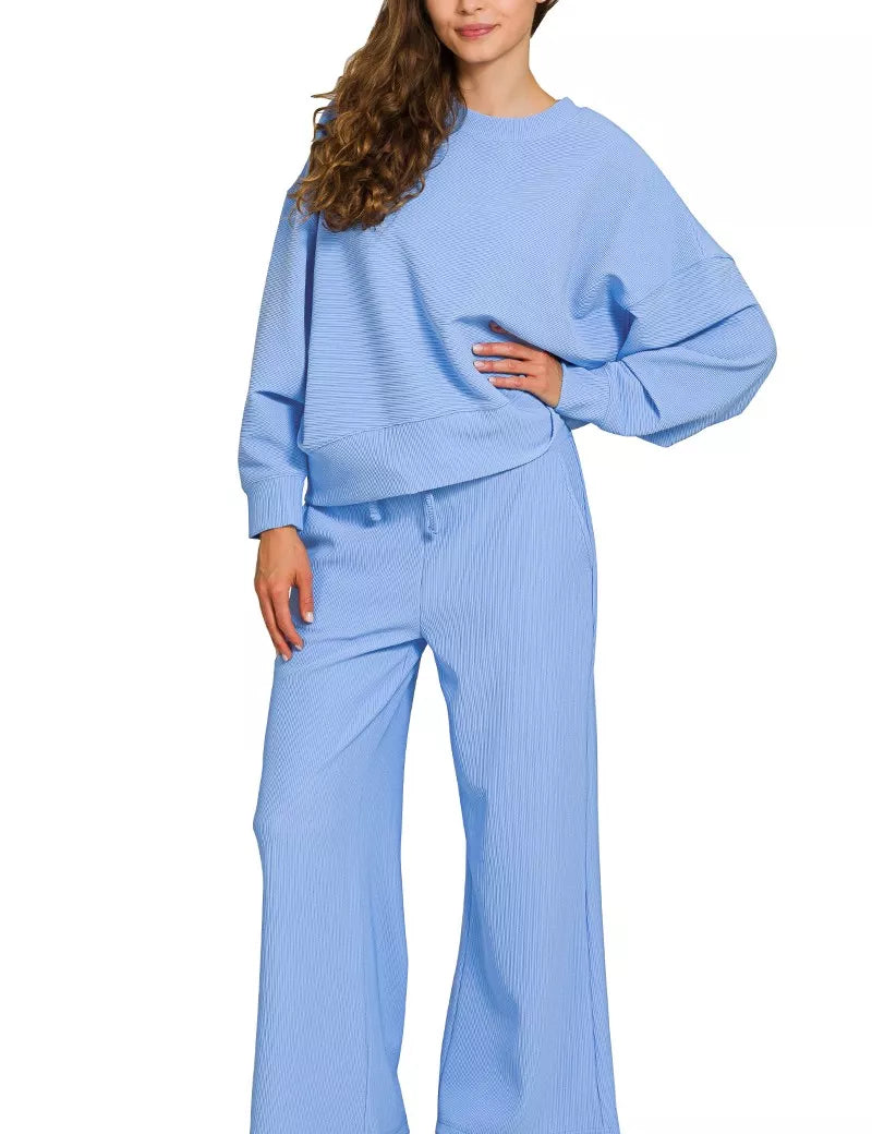 ZENANA Ribbed Round Neck Pullover and Drawstring Pants Set on Simply Obsessed