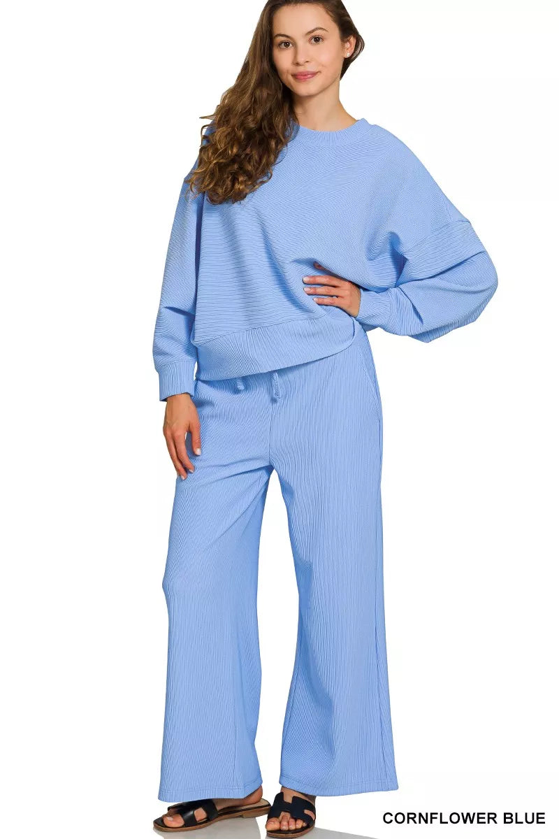 ZENANA Ribbed Round Neck Pullover and Drawstring Pants Set on Simply Obsessed