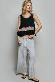 POL Floral Print Patche Round Neck Ribbed Tank with Double Gauze Ruffle Accents on Simply Obsessed