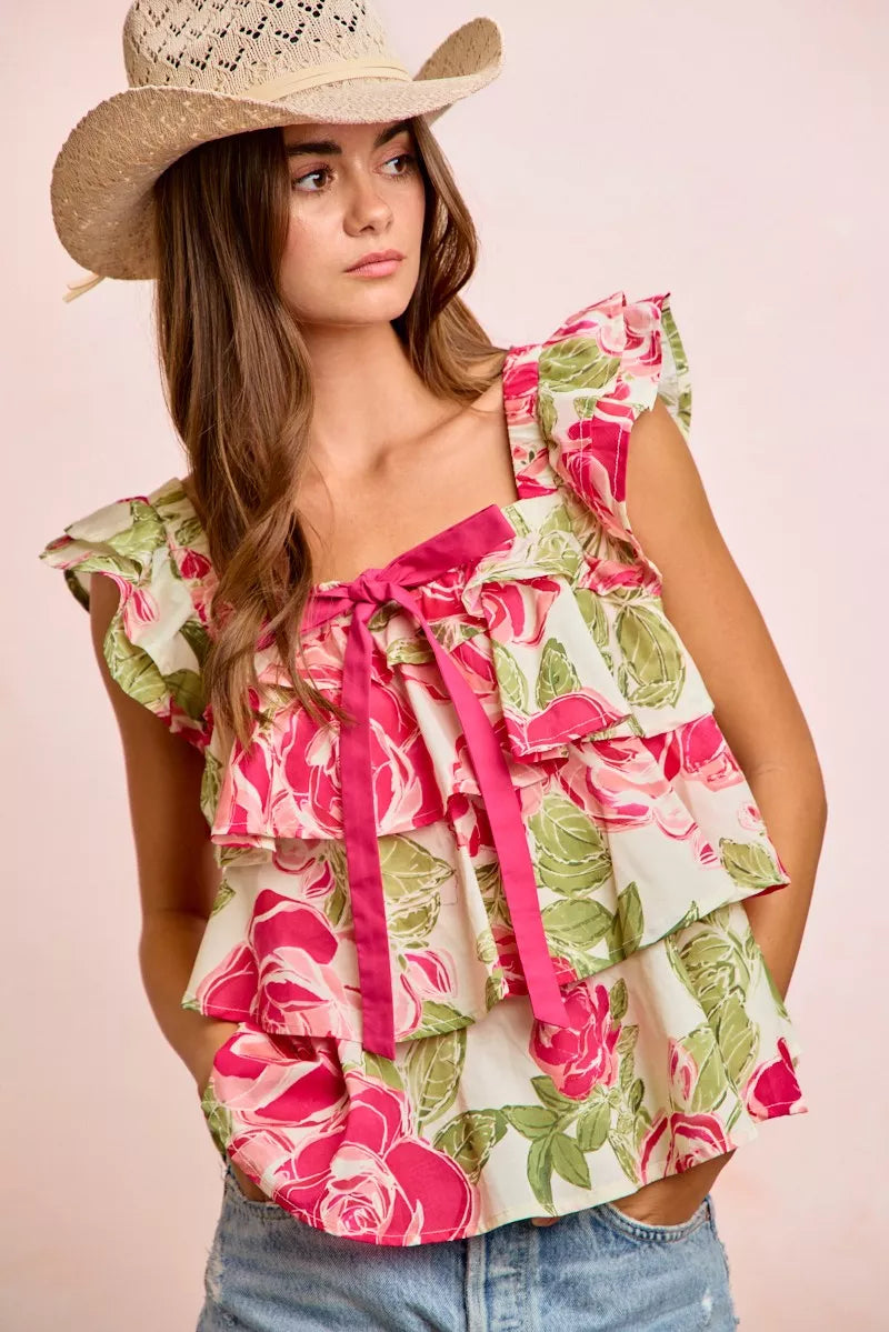 BiBi Floral Print Woven Bow Tie Ruffle Square Neck Top on Simply Obsessed