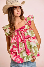 BiBi Floral Print Woven Bow Tie Ruffle Square Neck Top on Simply Obsessed