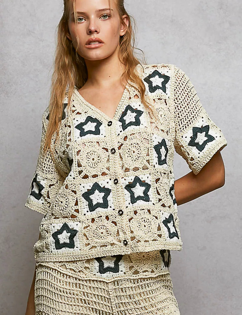 POL Button Front V-Neck Crochet Cardigan with Contast Star on Simply Obsessed