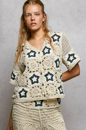 POL Button Front V-Neck Crochet Cardigan with Contast Star on Simply Obsessed