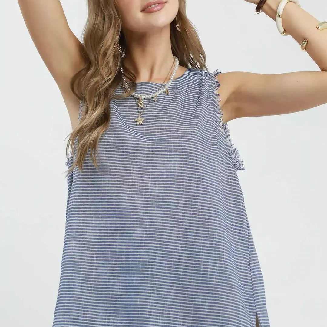 UMGEE Stripe Fringe Trim Sleeveless Top on Simply Obsessed