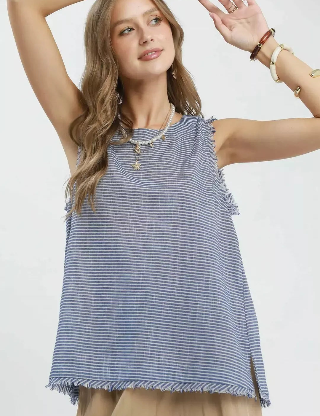 UMGEE Stripe Fringe Trim Sleeveless Top on Simply Obsessed
