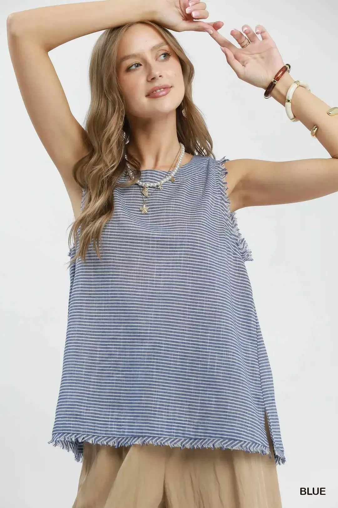 UMGEE Stripe Fringe Trim Sleeveless Top on Simply Obsessed