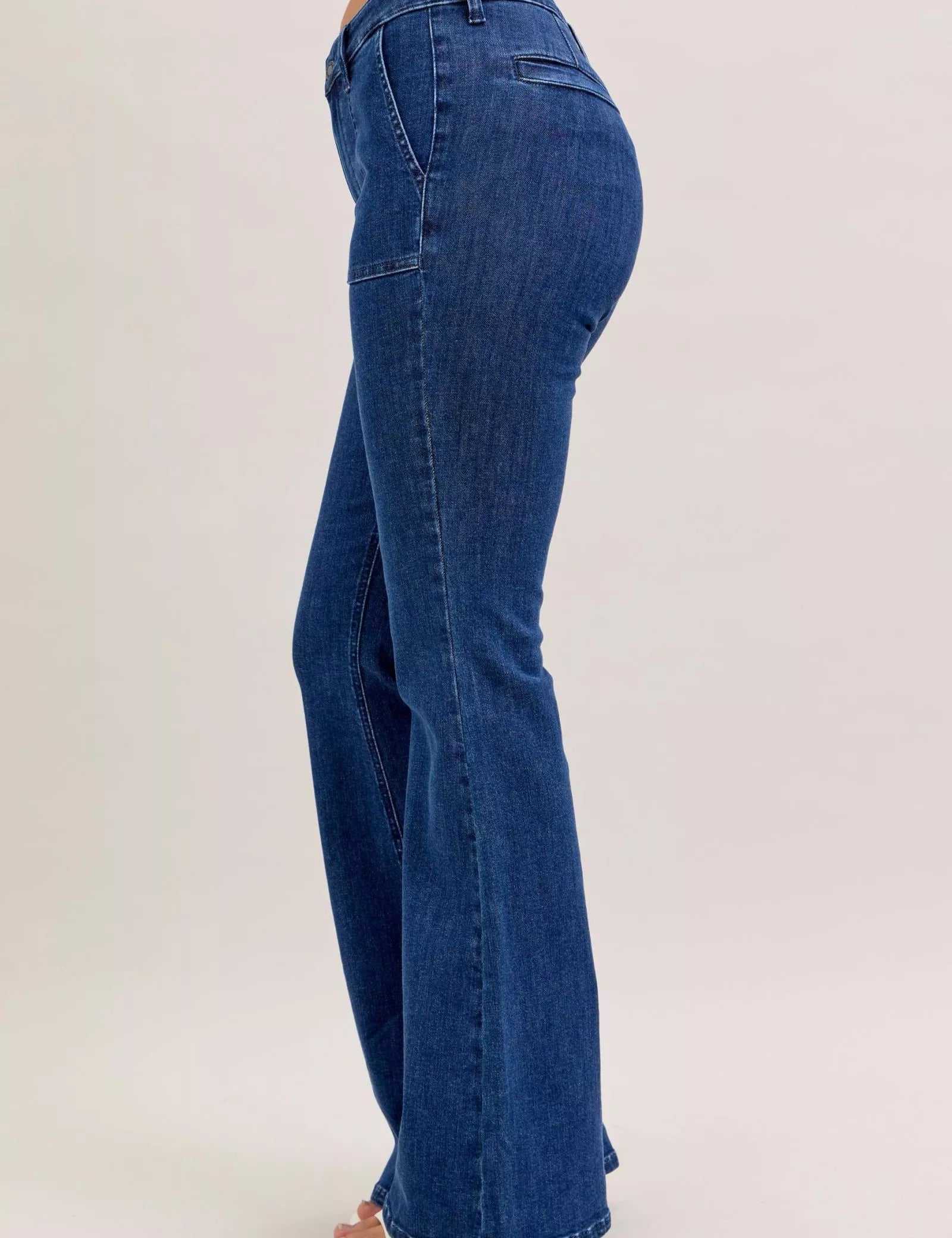Judy Blue High Waist Flare Jeans with Front Patch Pockets on Simply Obsessed