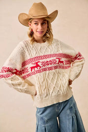 BIBI Christmas Theme Patterned Cable Knit Sweater on Simply Obsessed