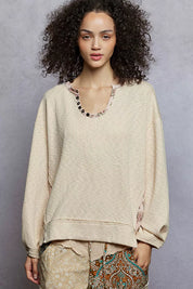 POL Balloon Sleeve Oversized Ribbed Top with Floral Pattern Contrast on Simply Obsessed