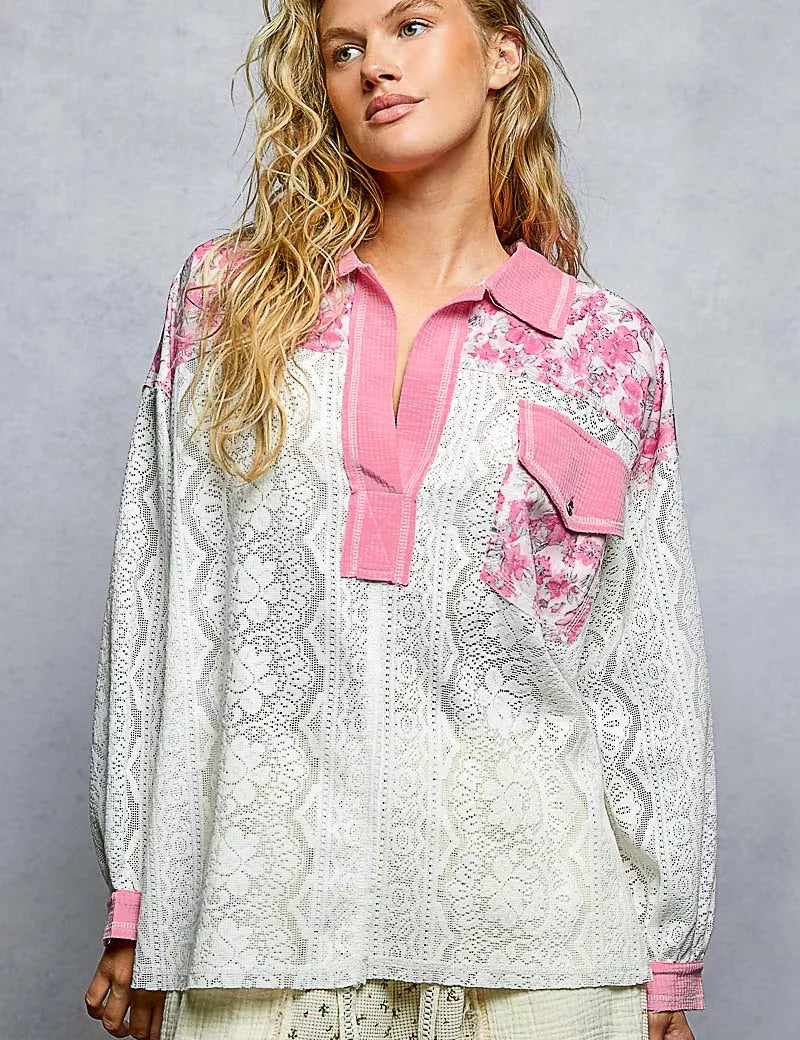 POL Floral Print Long Sleeve Lace Shirt with Front Pocket on Simply Obsessed
