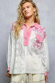 POL Floral Print Long Sleeve Lace Shirt with Front Pocket on Simply Obsessed