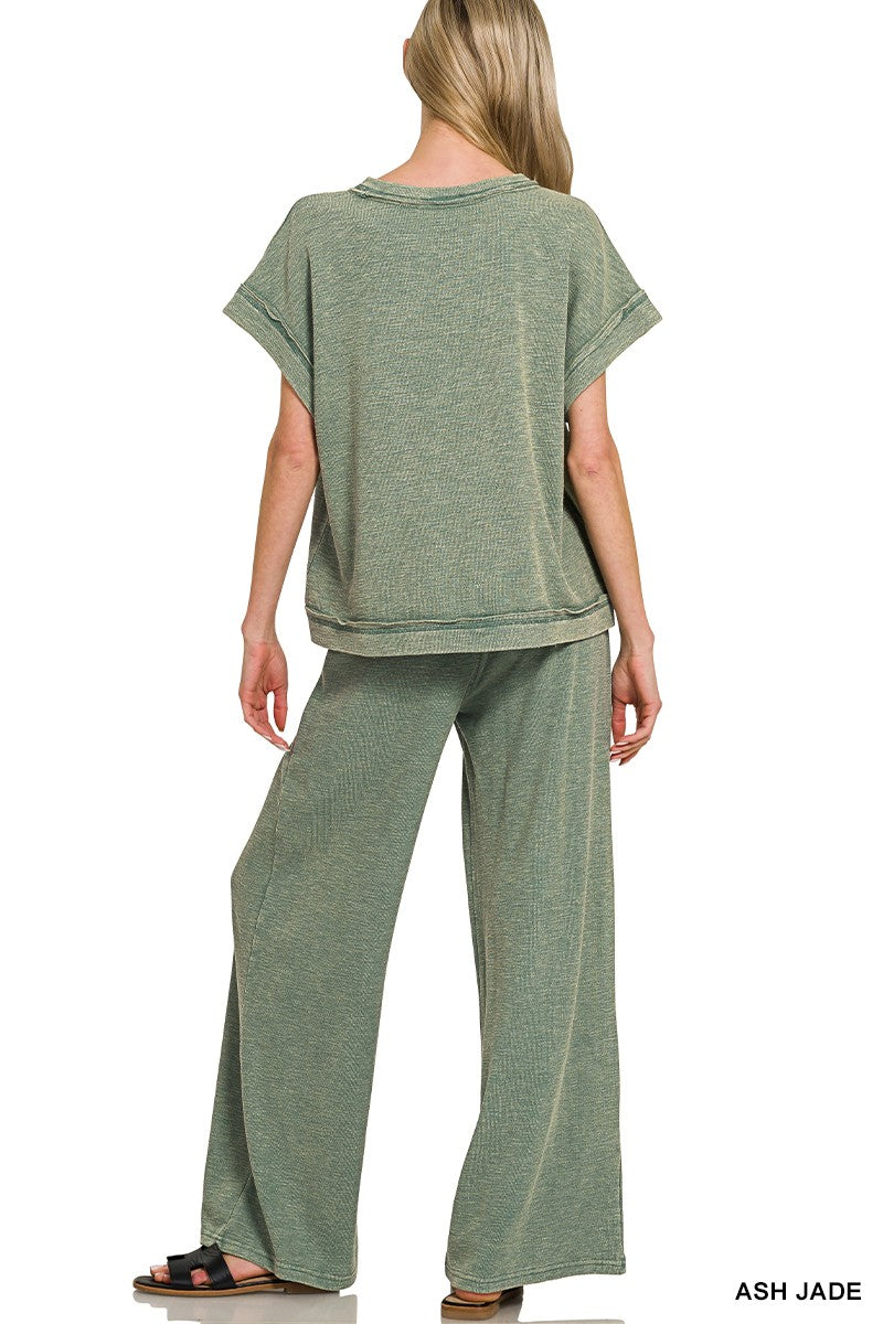 ZENANA Washed Slub Short Sleeve Tee & Long Pants Set on Simply Obsessed