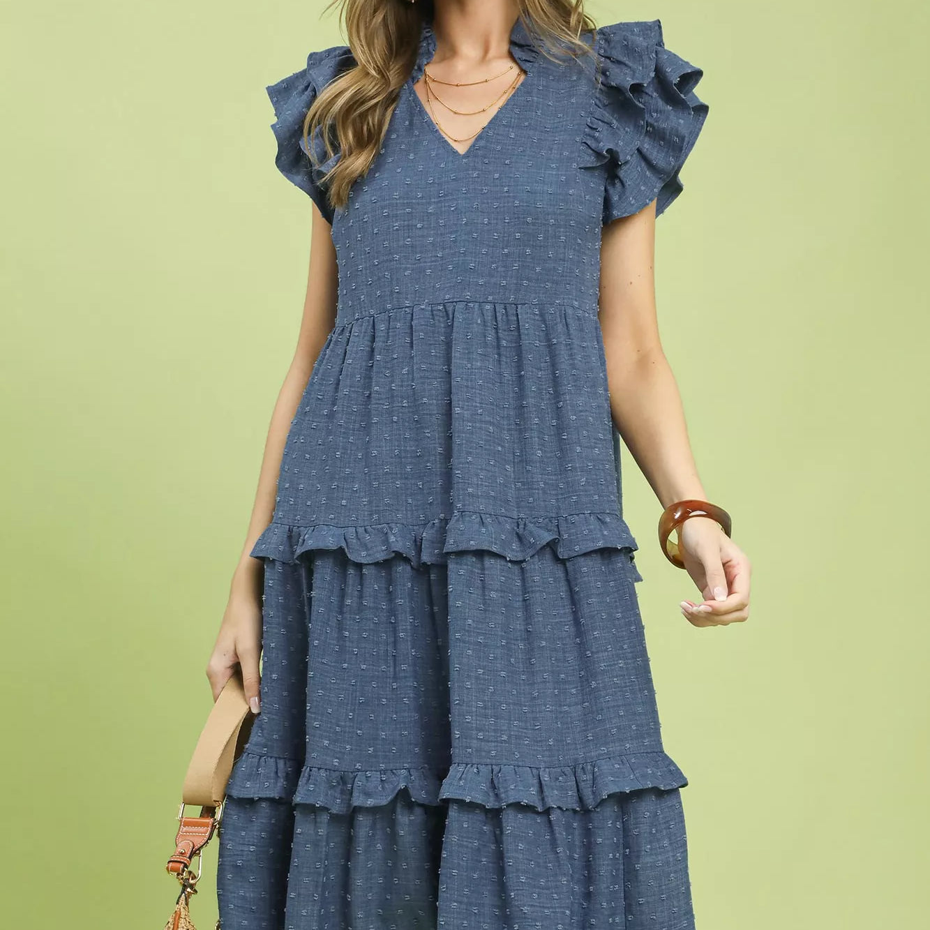 UMGEE Textured Ruffle Sleeve Tiered Midi Dress on Simply Obsessed