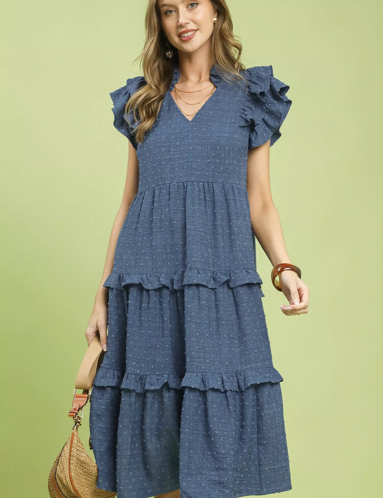 UMGEE Textured Ruffle Sleeve Tiered Midi Dress on Simply Obsessed