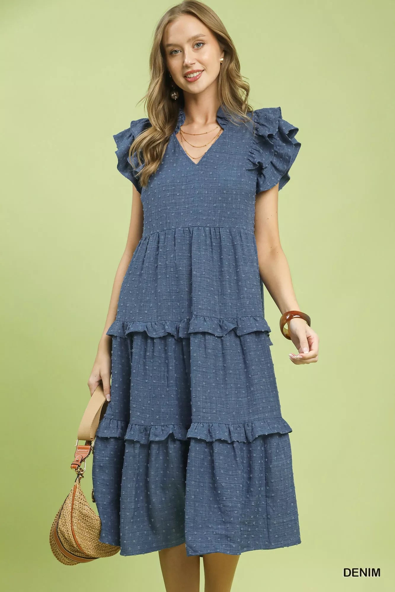UMGEE Textured Ruffle Sleeve Tiered Midi Dress on Simply Obsessed