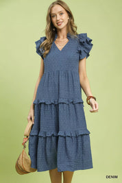 UMGEE Textured Ruffle Sleeve Tiered Midi Dress on Simply Obsessed