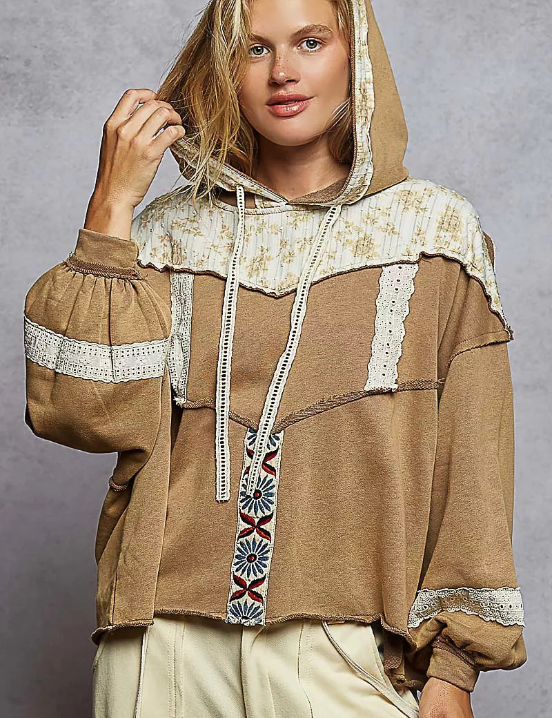 POL Drawstring French Terry Hoodie with Gauze Print Patch. **FALL DEBUT SALE** on Simply Obsessed